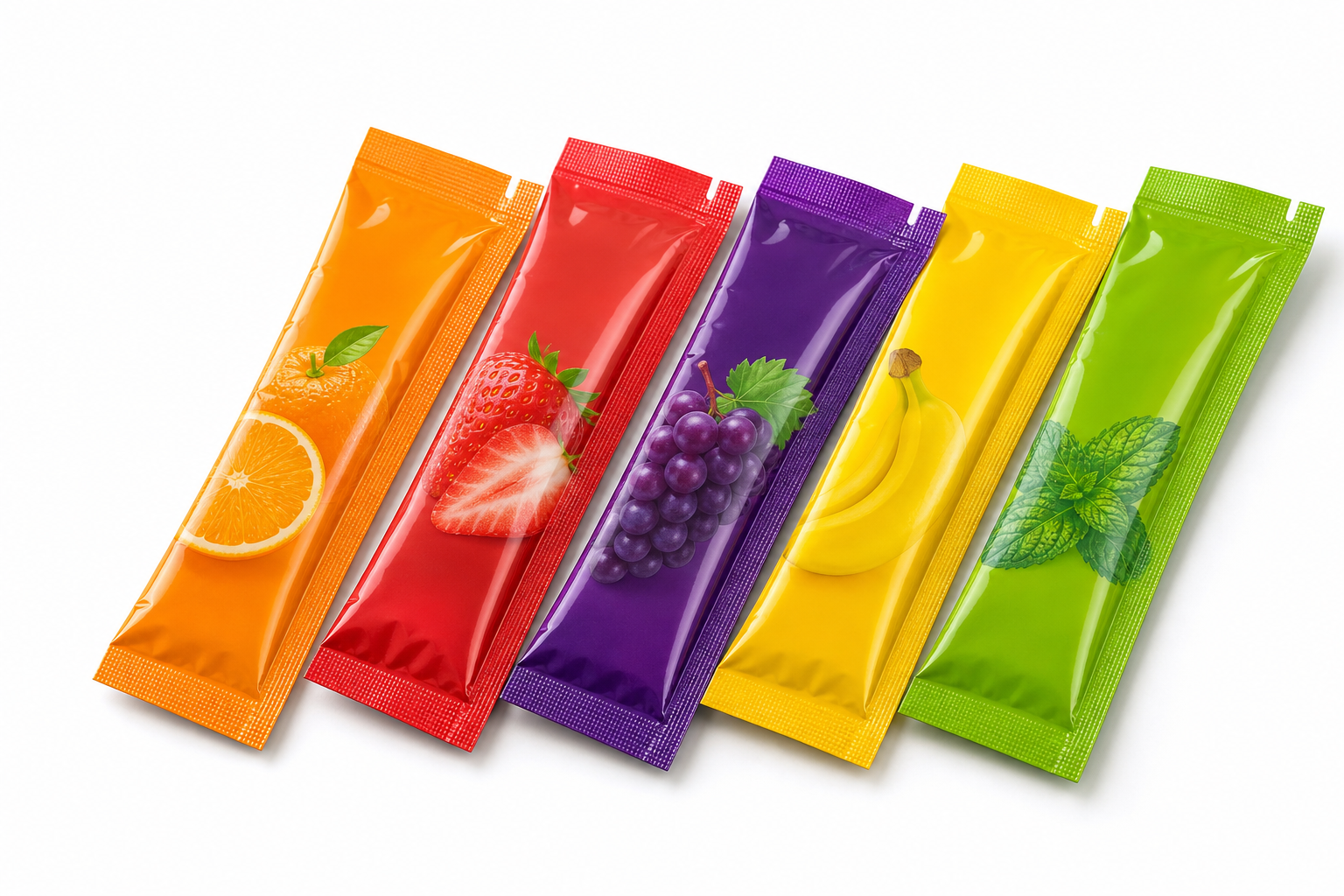 Kamagra Oral Jelly Beutel in verschiedenen Geschmacksrichtungen auf weißem Hintergrund